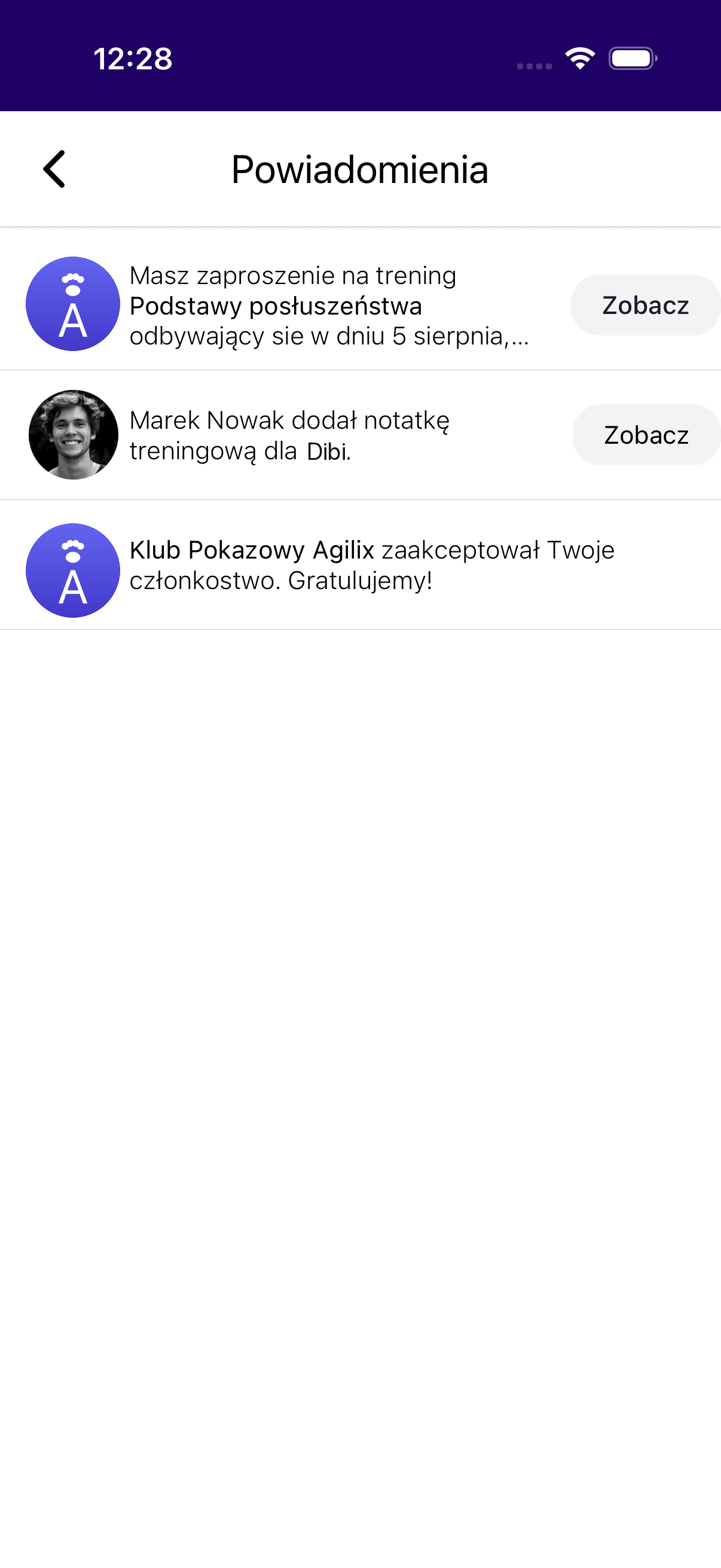 Ekran powiadomień w aplikacji Agilix