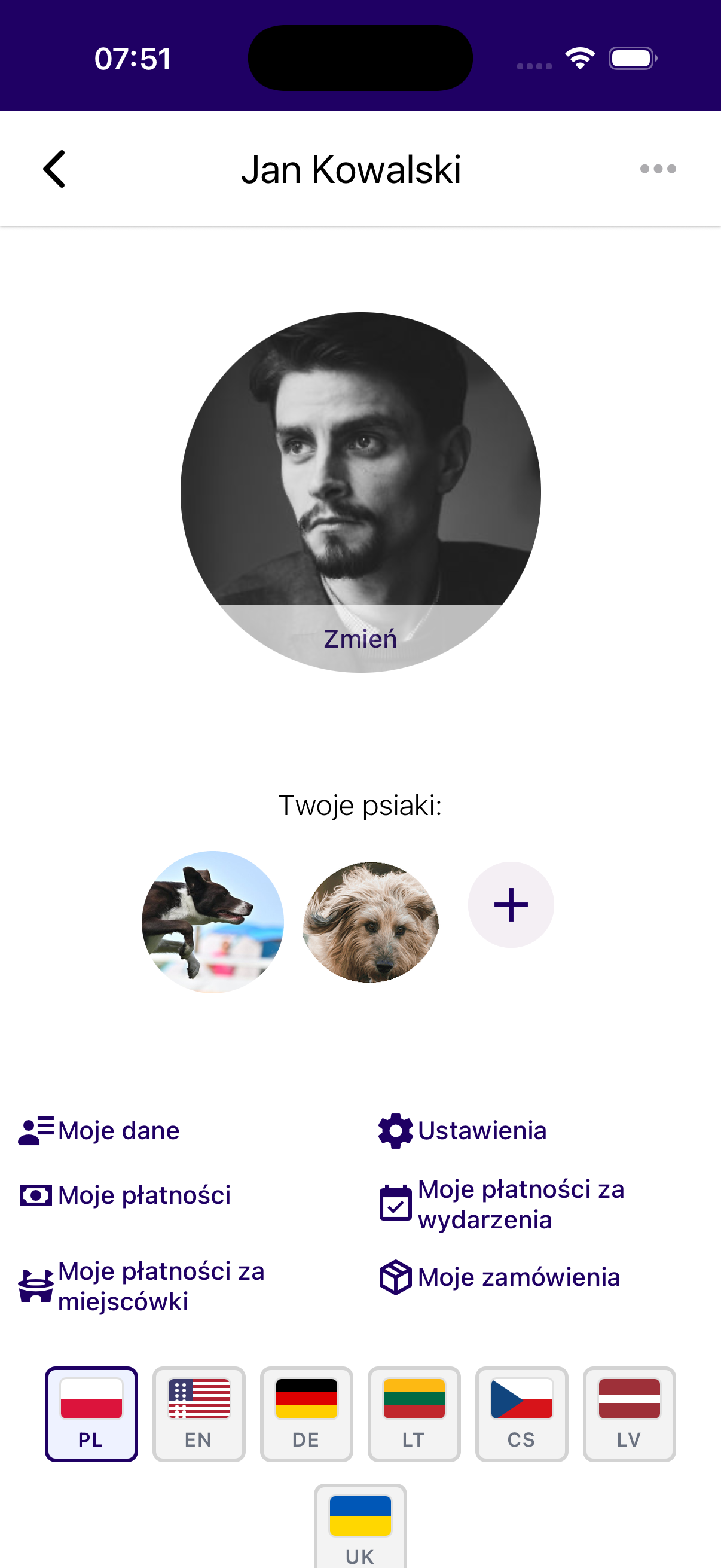 Ekran profilu użytkownika z listą psów