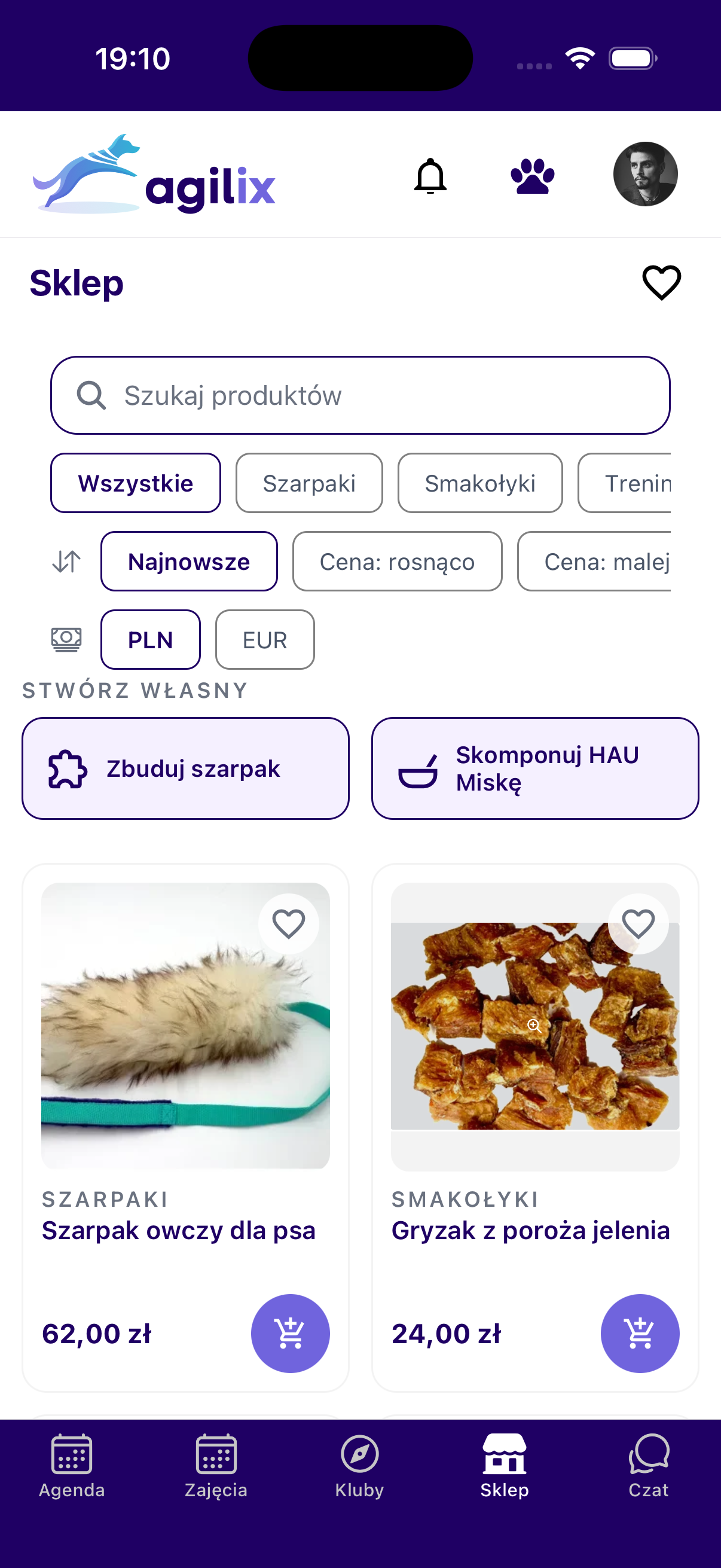 Ekran sklepu z produktami dla psa