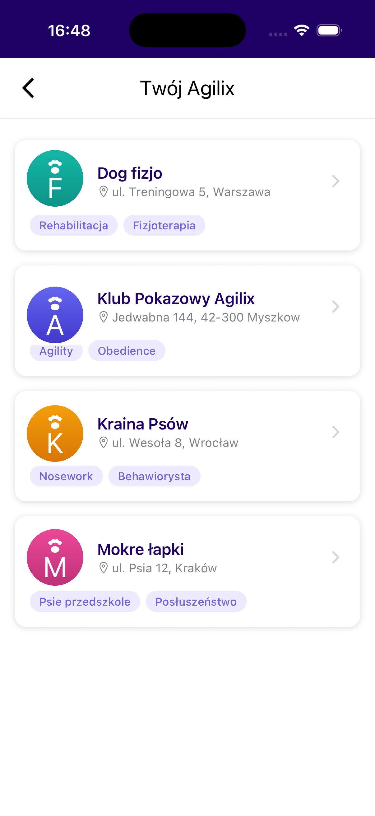 Ekran Twój Agilix z listą klubów