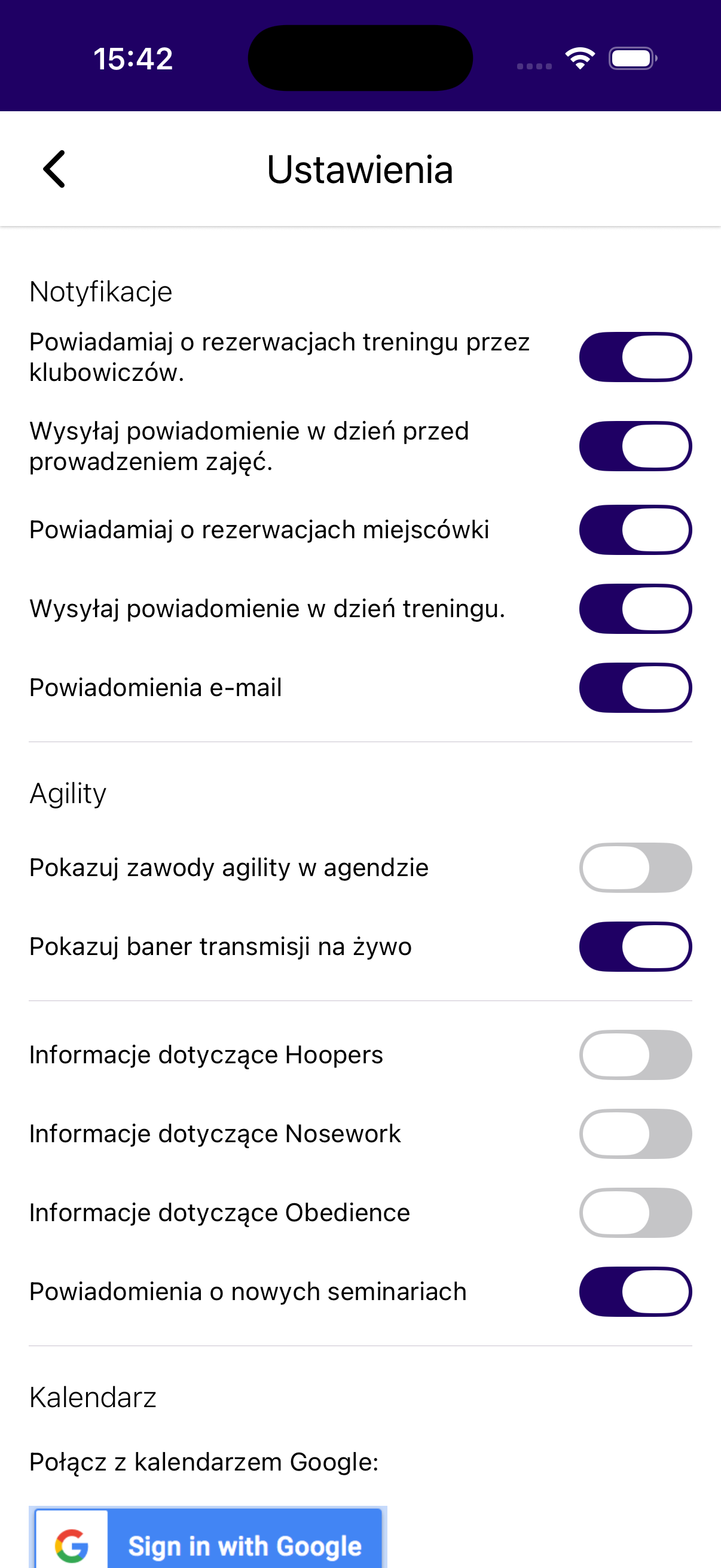 Ekran ustawień z przełącznikami powiadomień