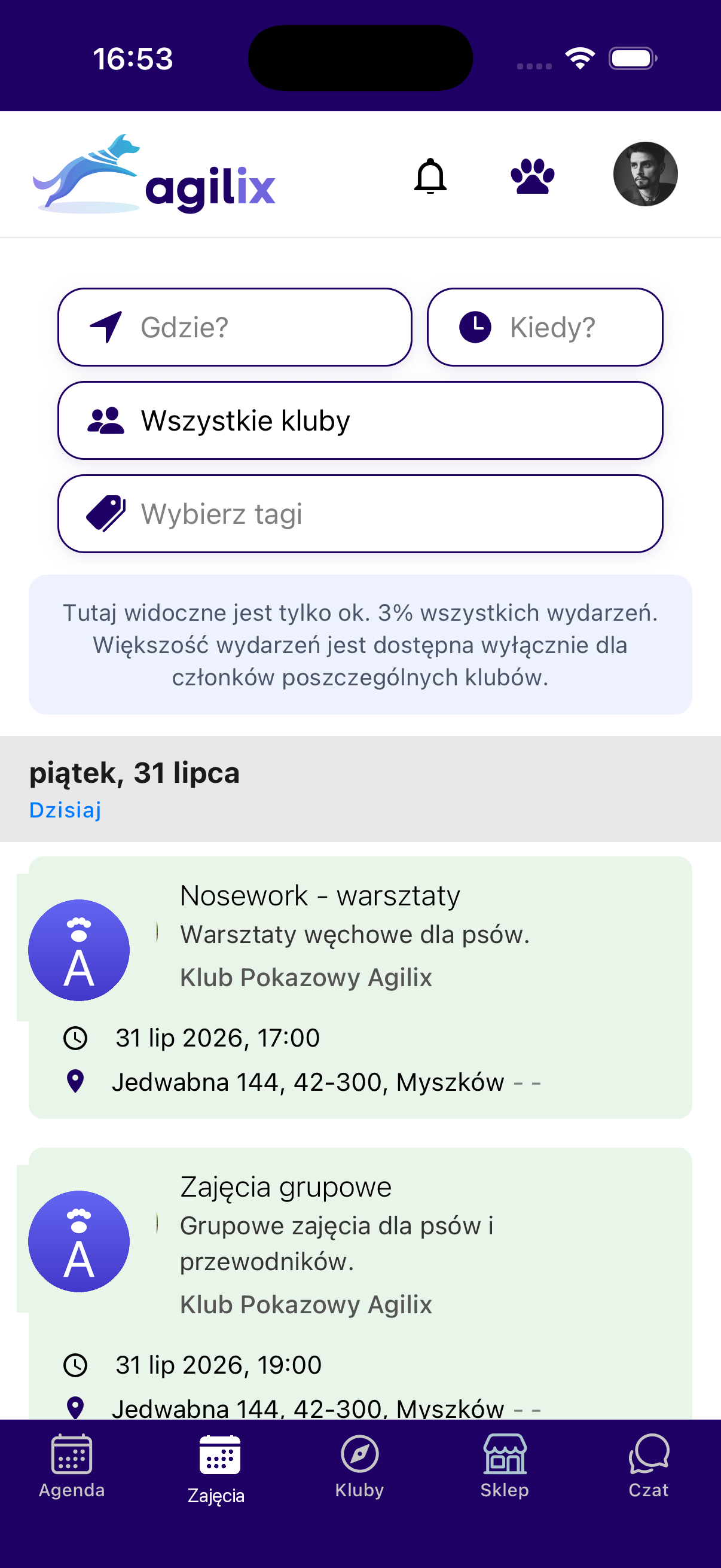 Ekran wyszukiwania zajęć w okolicy w aplikacji Agilix