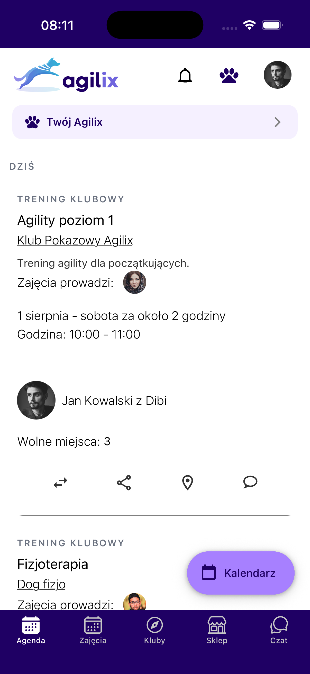 Ekran Agendy z zajęciami w aplikacji Agilix