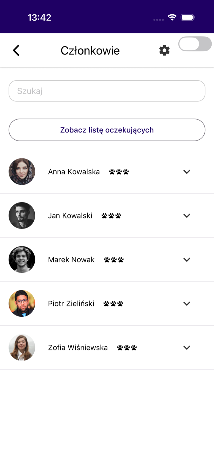 La schermata Soci con l'elenco dei soci del club