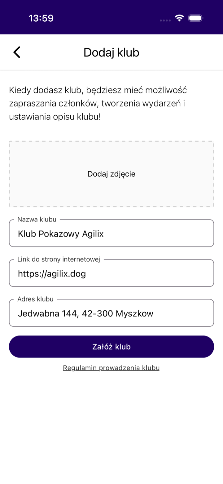 Il modulo Aggiungi club nell'app Agilix con i campi nome, link e indirizzo