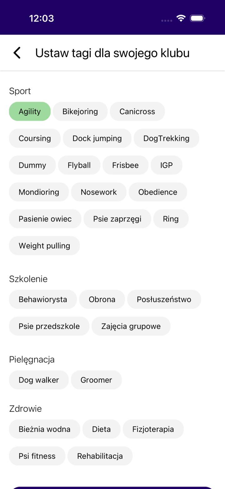 La schermata selezione tag del club nell'app Agilix