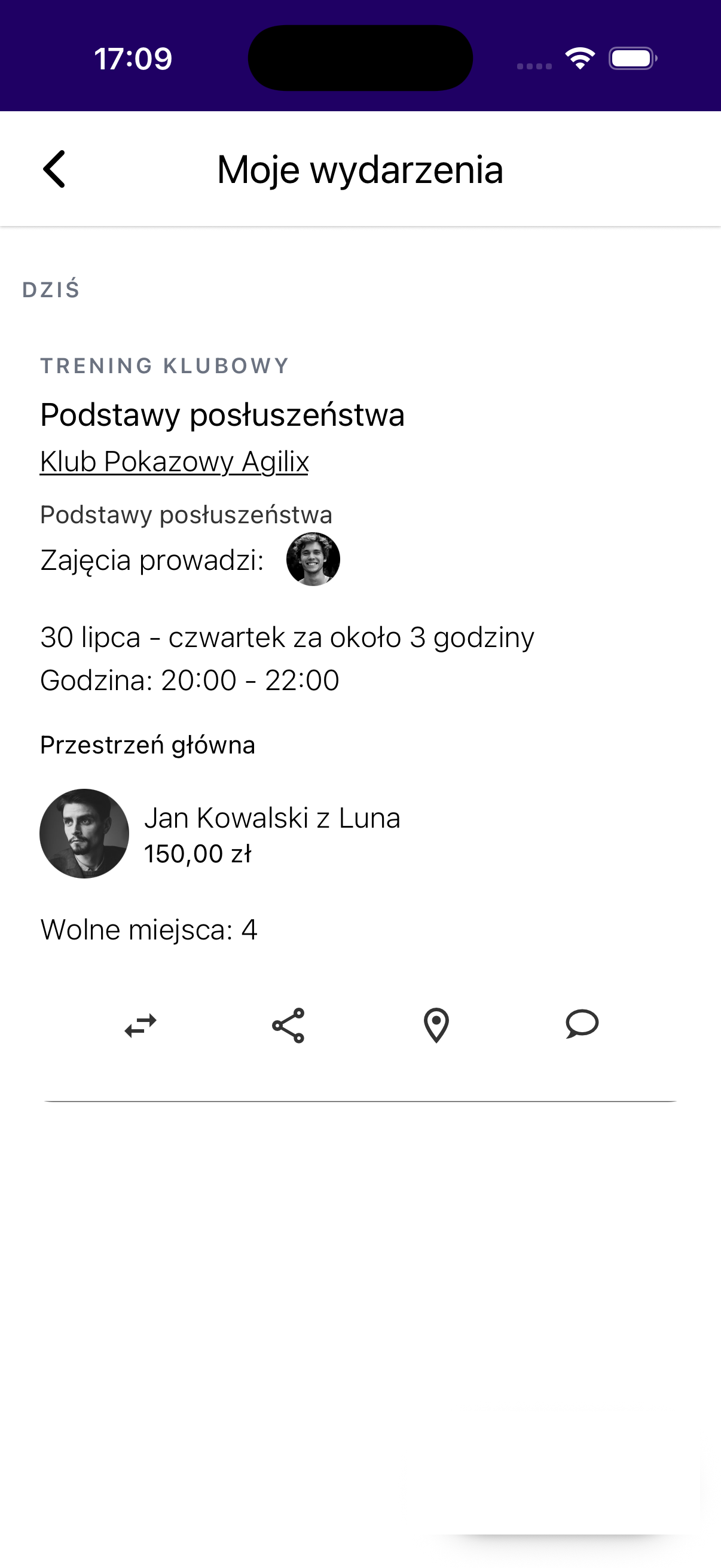 The "My events" screen with a booked class in the Agilix app