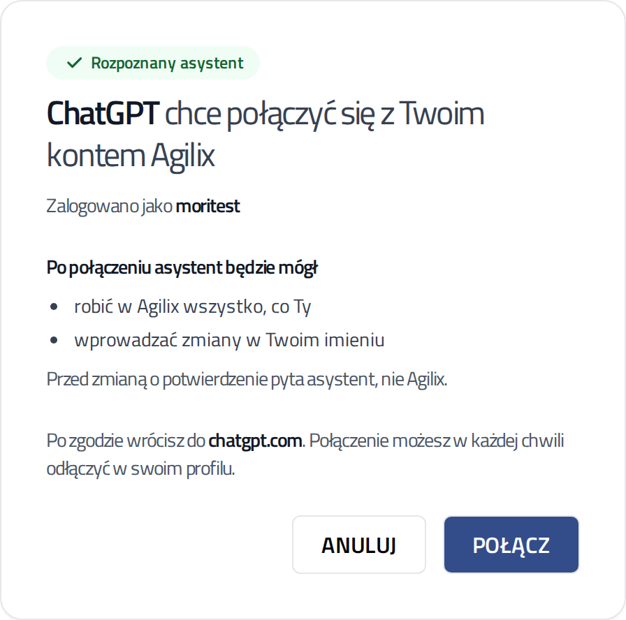 Stránka Agilixu se žádostí o připojení ChatGPT a tlačítkem Připojit
