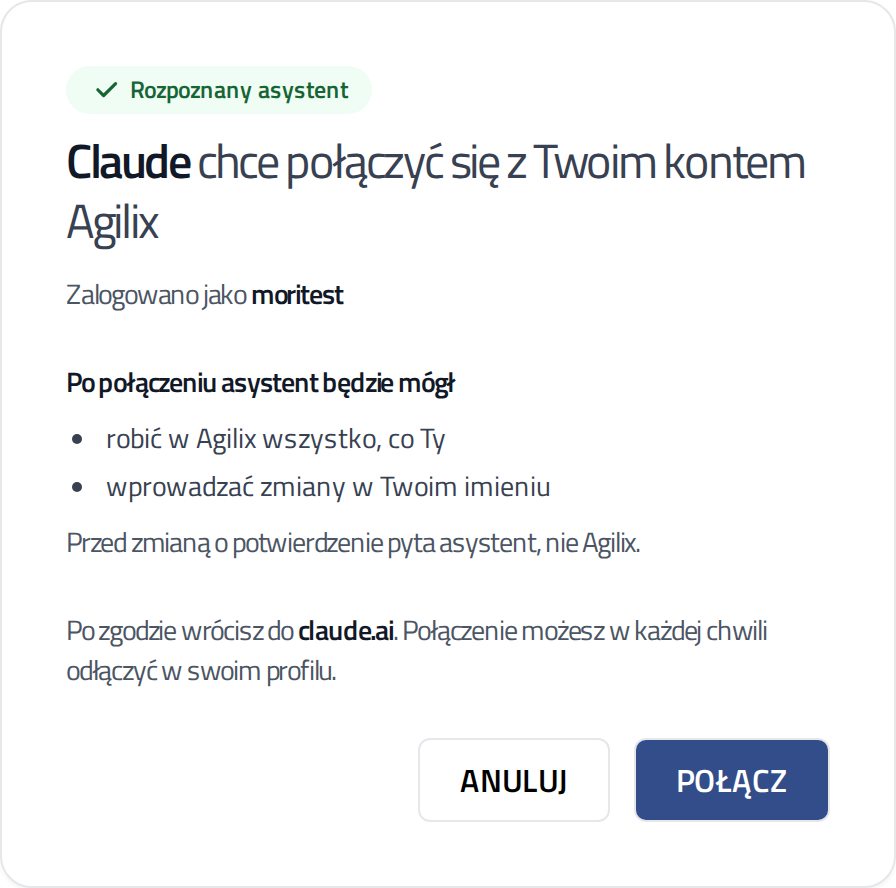 Agilix-Seite mit der Anfrage, Claude zu verbinden, und der Schaltfläche Verbinden