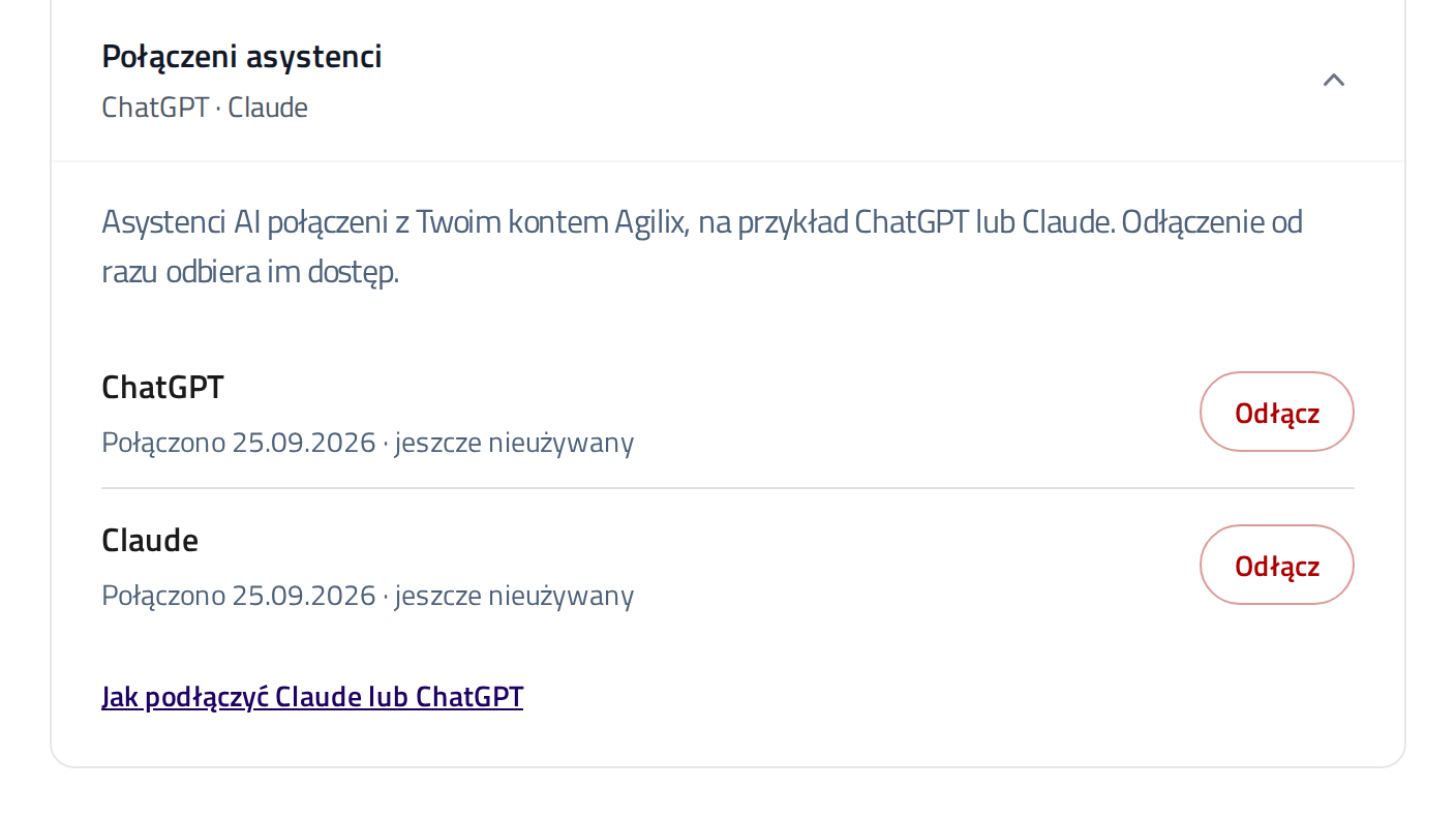 Sekcja Połączeni asystenci w profilu Agilix z przyciskiem Odłącz
